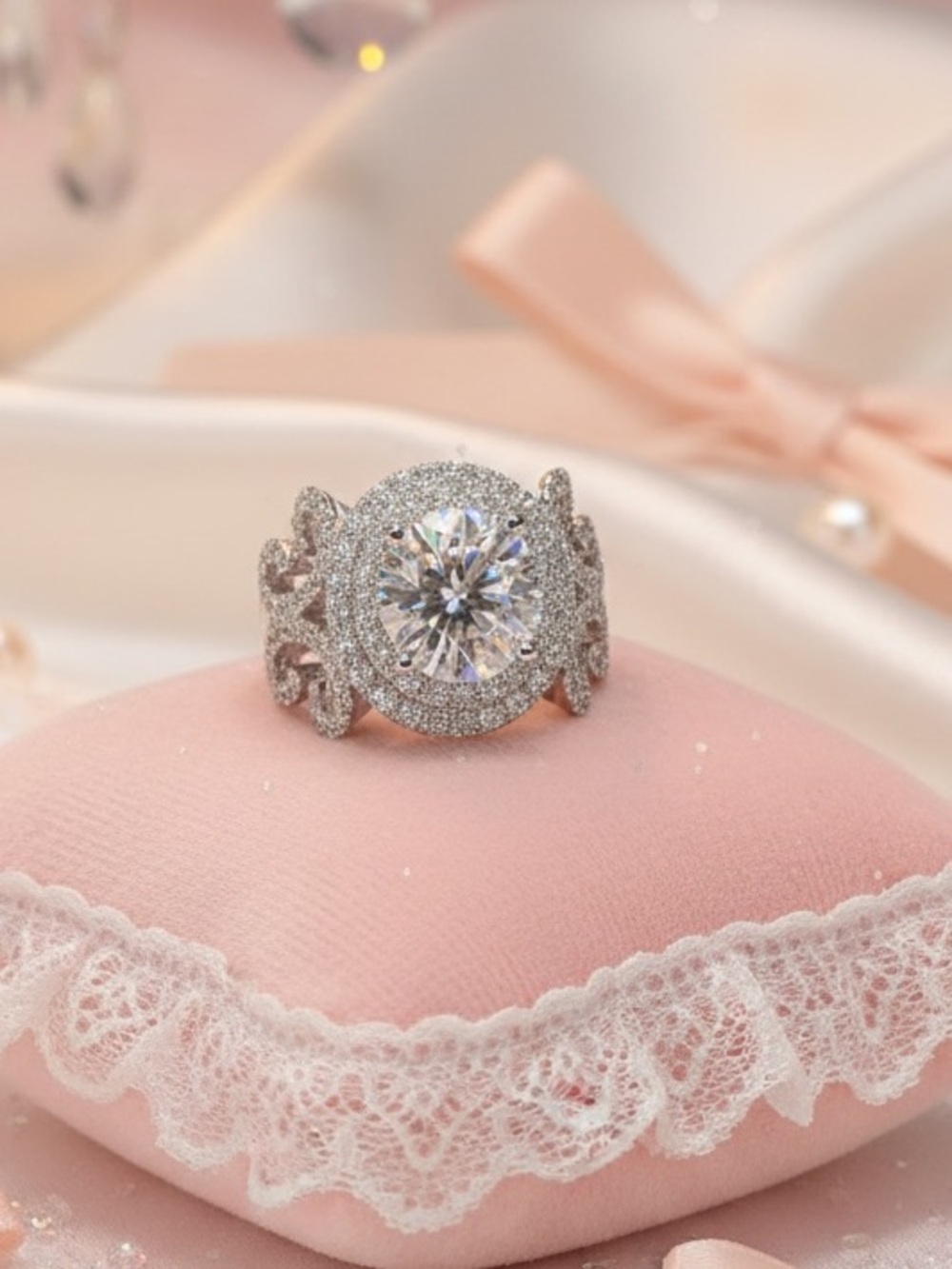 Iced Out Halo Engagement Bridal Ring Old Money Coquette Luxury Romantic Royal